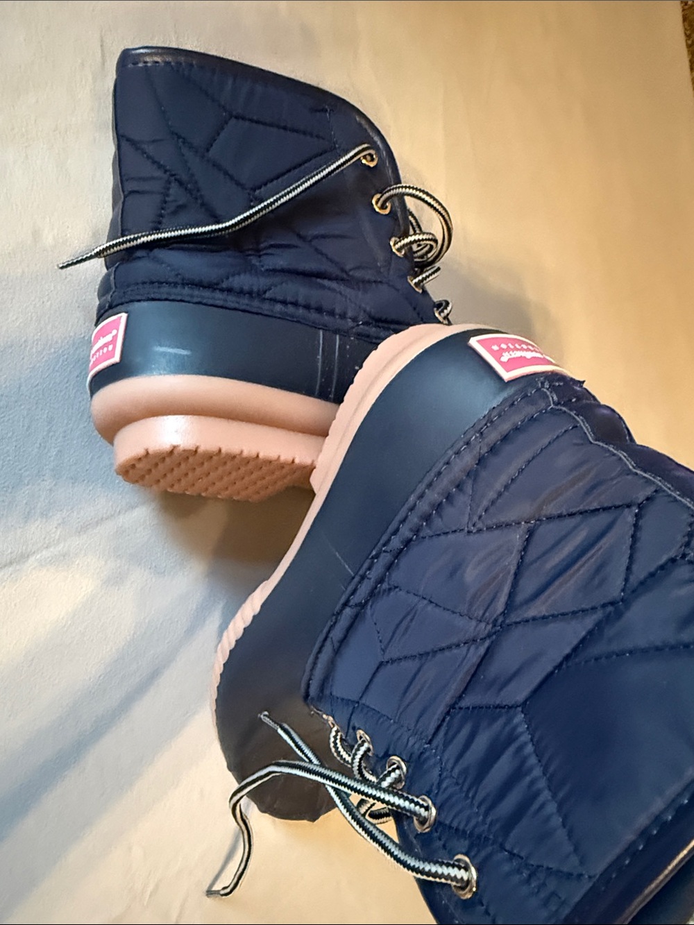 Simply Southern Navy Quilted Winter Boots with Pink Accents